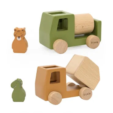 Jeu de voitures de chantier animaux en bois