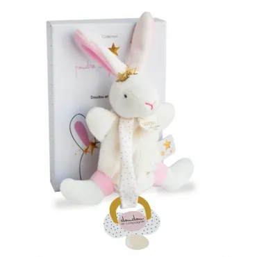 Doudou attache sucette - Lapin étoile rose - 15 cm